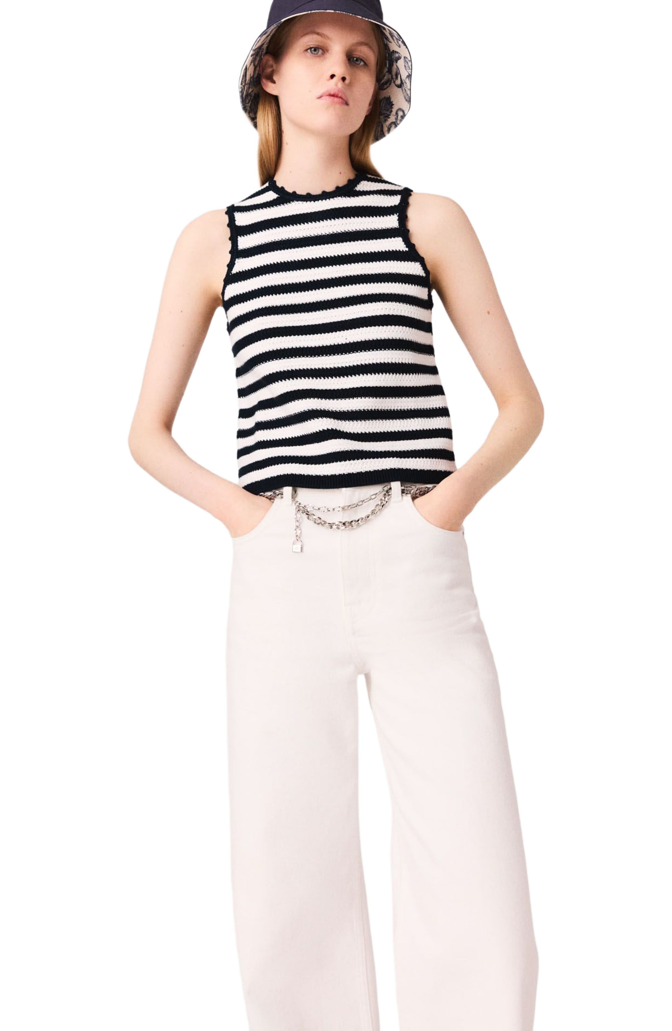 maje Crochet-knit top in White/navy at Nordstrom - 5