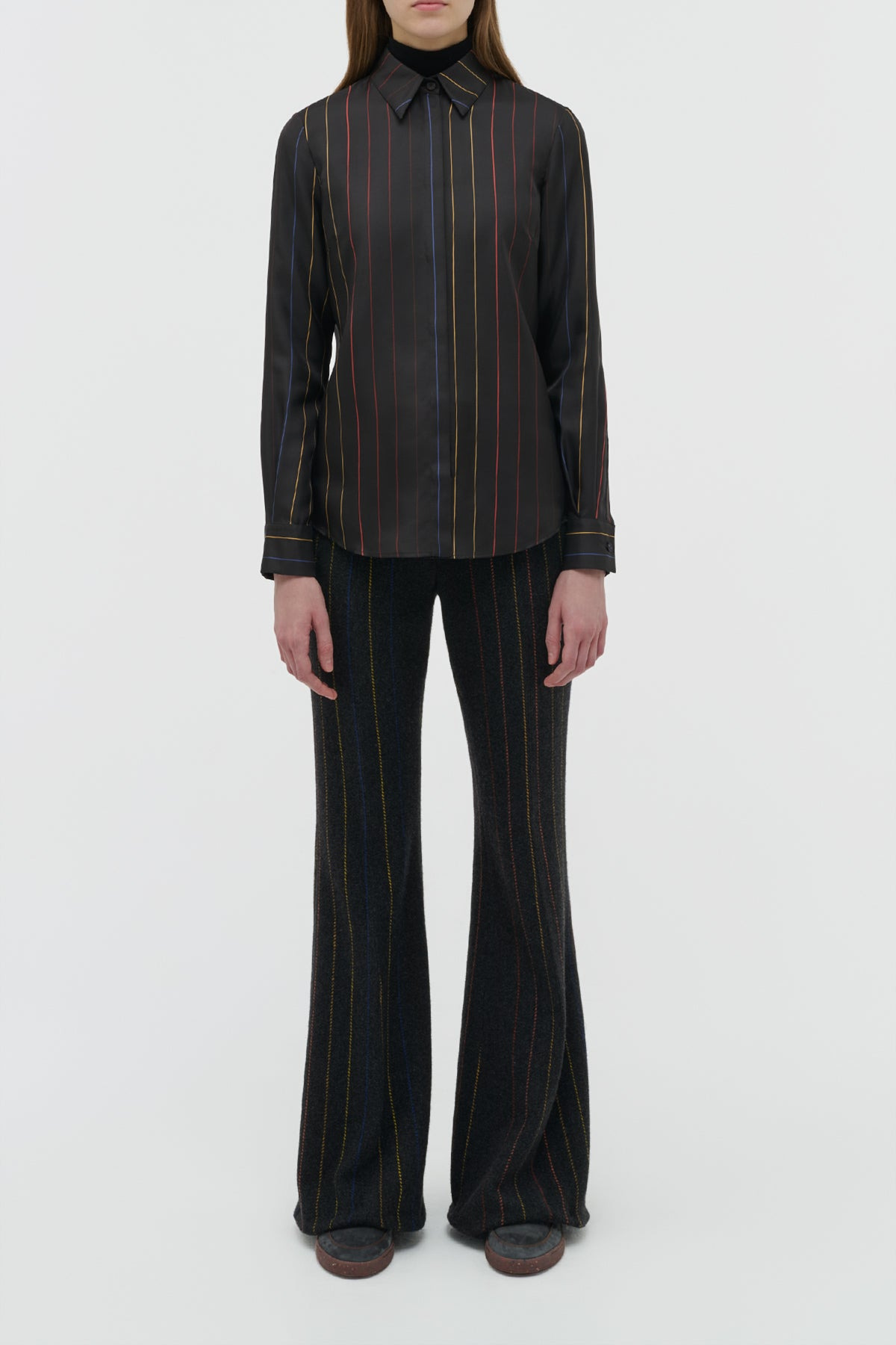 Henri Blouse in Charcoal Multi Pinstripe Silk Twill - 2