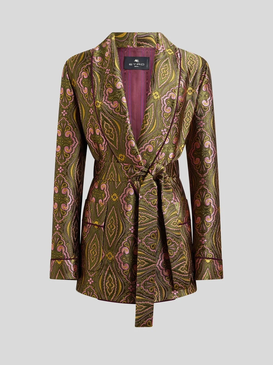 JACQUARD JACKET WITH BELT AND FLORAL MEDALLION MOTIF - 1
