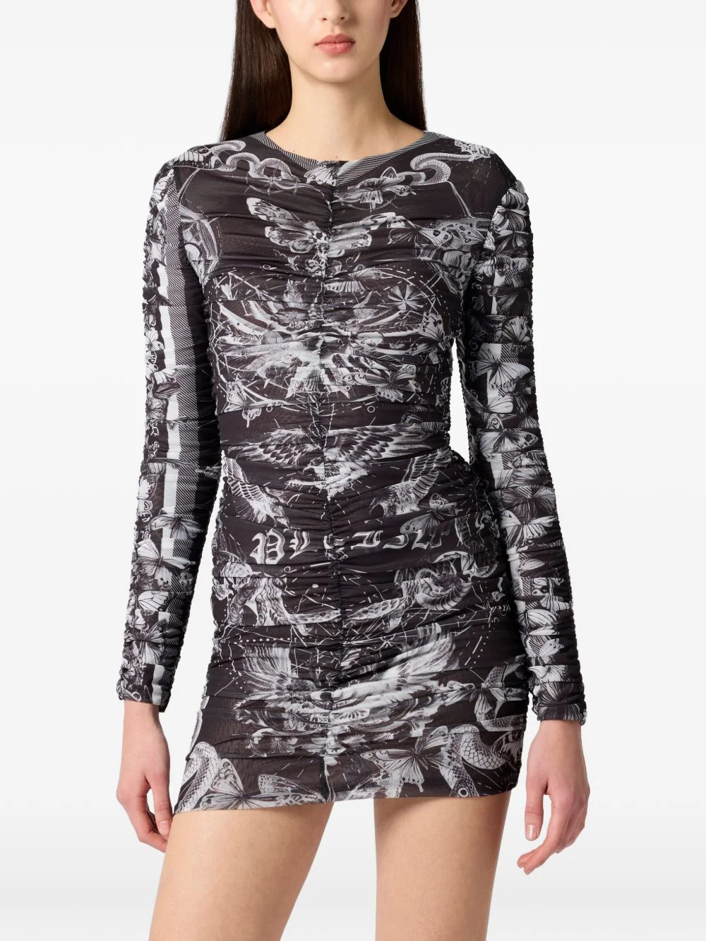 wrinkled butterfly-print mini dress - 1