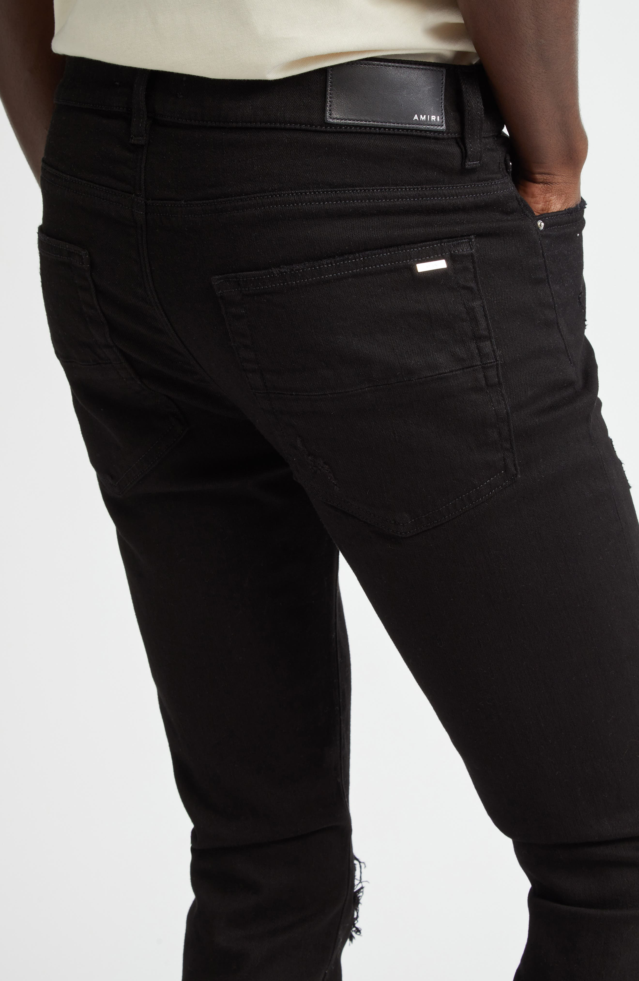 AMIRI MX1 Leather Patch Ripped Skinny Jeans in Black Od at Nordstrom - 5