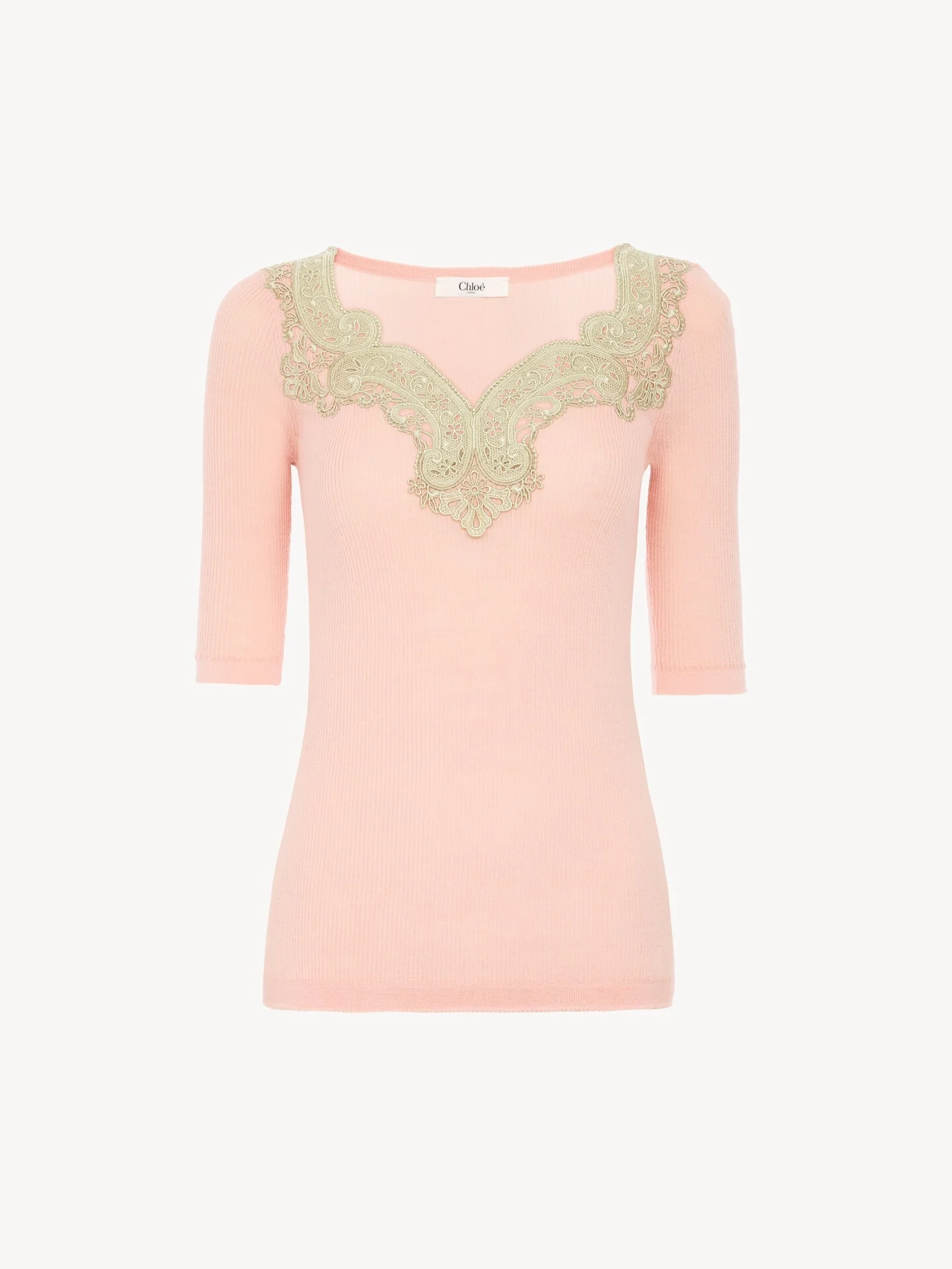 ELBOW-SLEEVE FITTED SWEATER IN A WOOL KNIT & LACE - 1