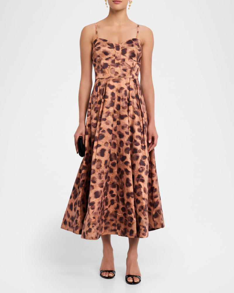 MILLY Queen Pleated Leopard-Print Taffeta Midi Dress outlook