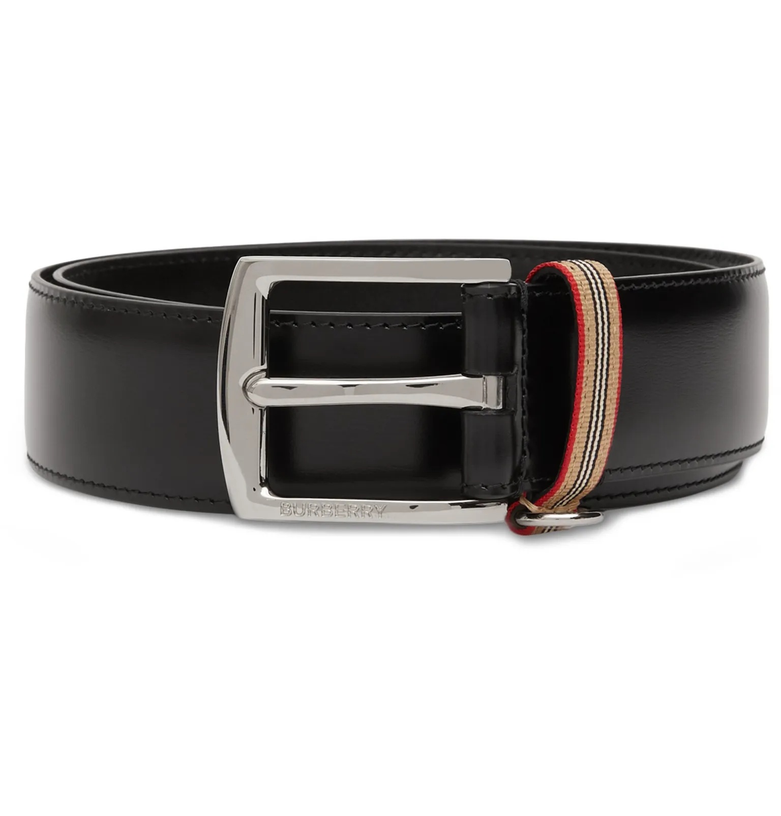 3.5cm Striped Webbing-Trimmed Leather Belt - 1