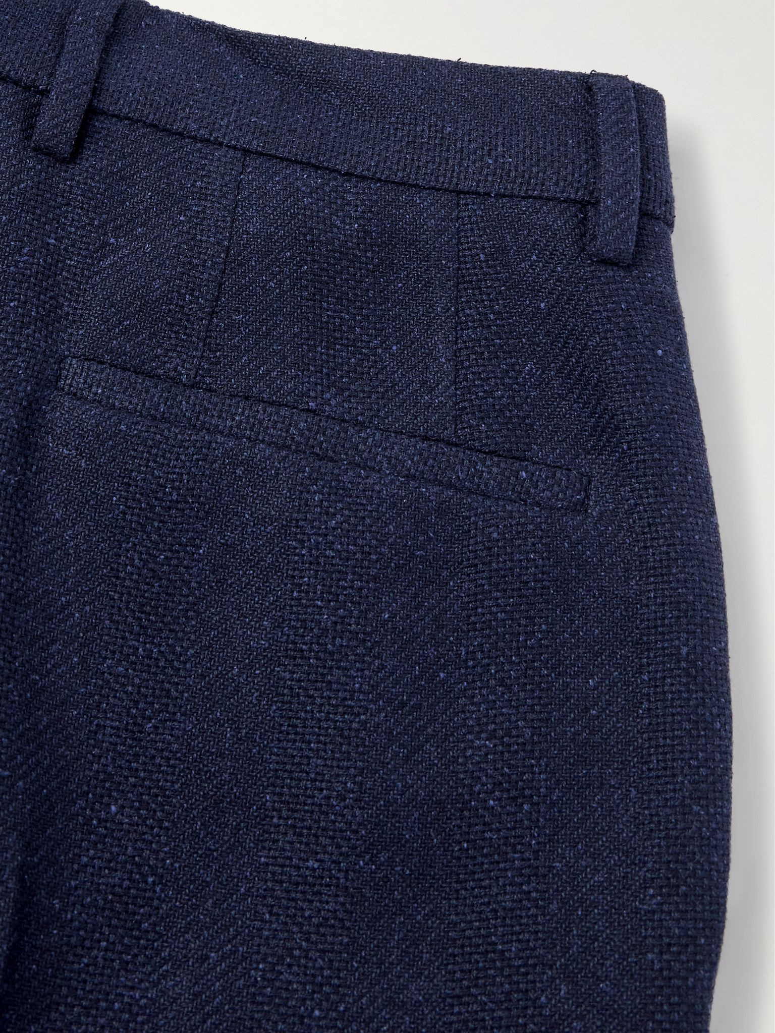 Tapered Pleated Striped Linen, Silk, Wool and Cotton-Blend Suit Trousers Navy - 5