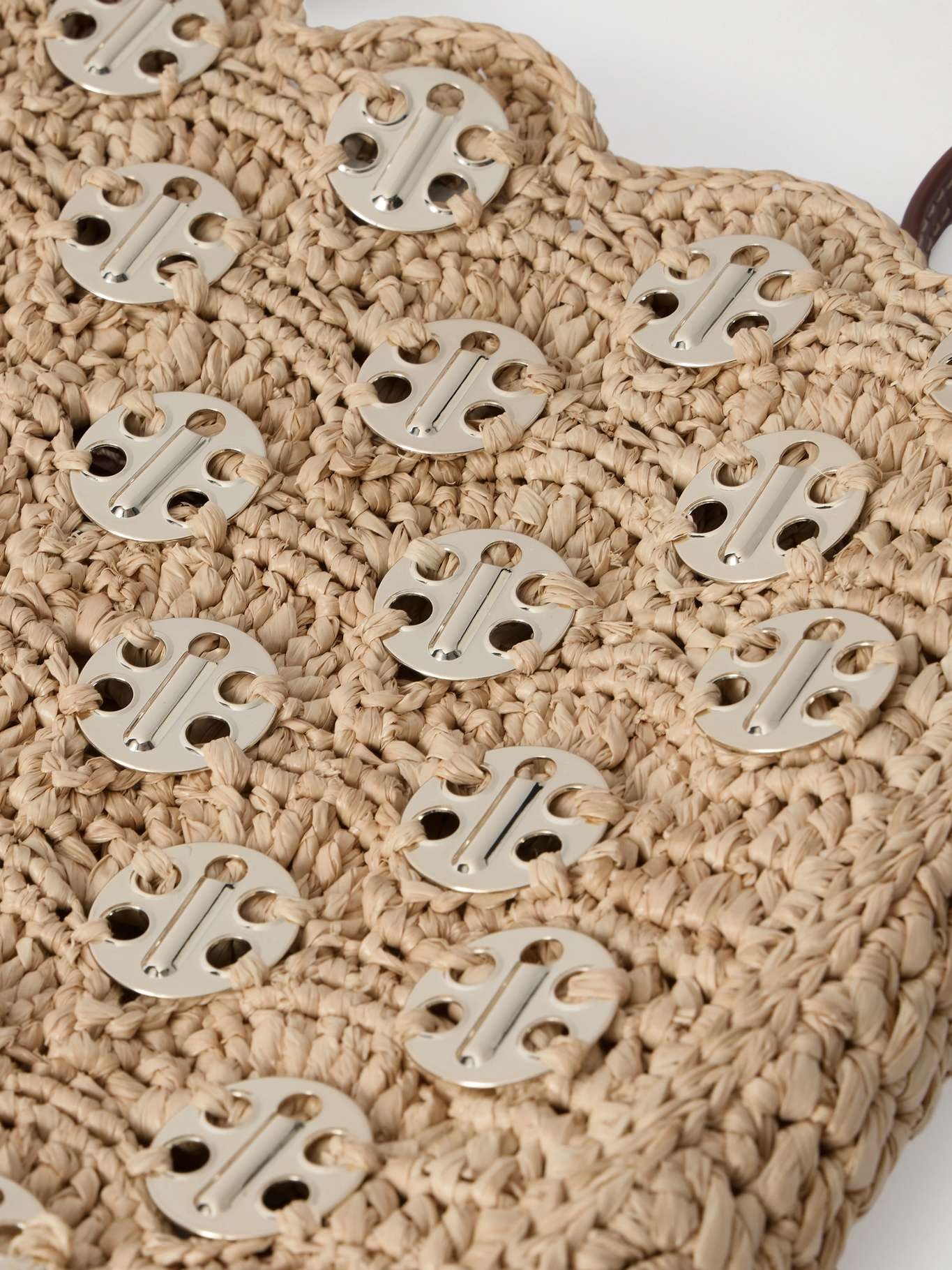 Leather-trimmed embellished woven raffia shoulder bag Neutral - 4
