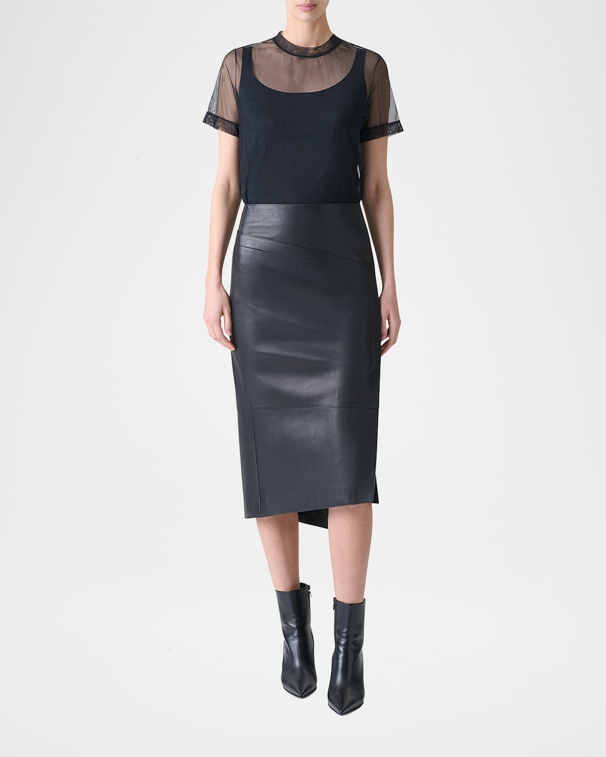 Asymmetric Trapezoid Nappa Leather Midi Skirt - 2