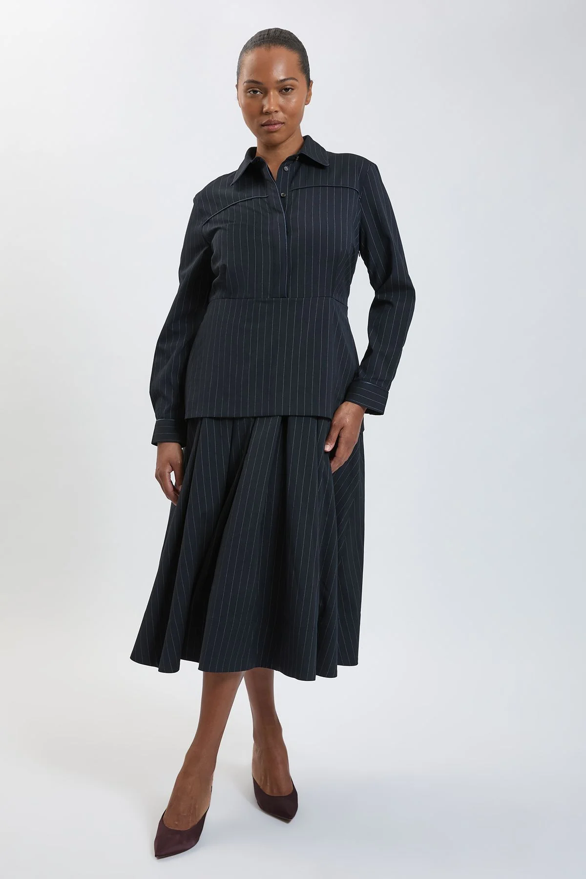 Plus Size Tailored Pinstripe Collared Maxi Dress - 1