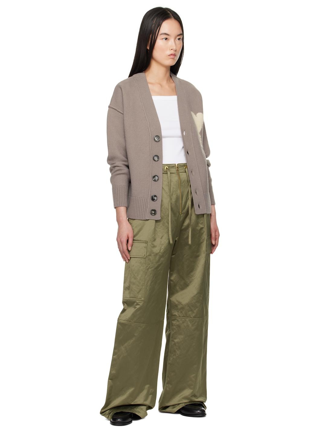 Khaki Cotton Satin Zipped Cargo Trousers - 4