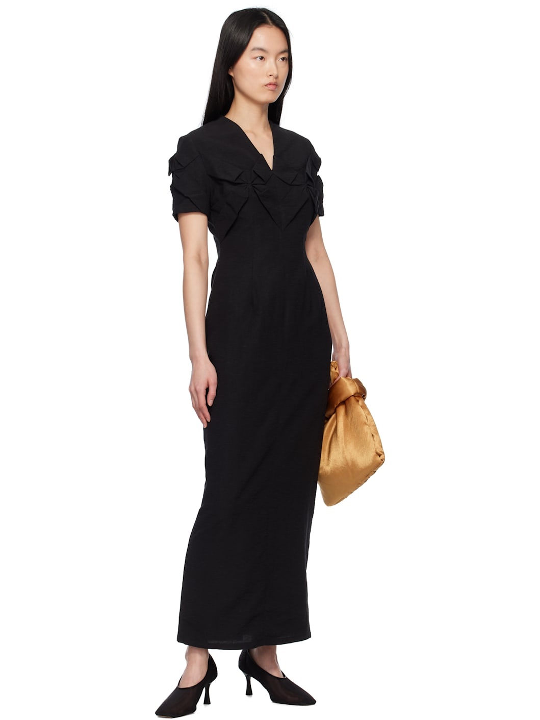 Black Smocked Flower Midi Dress - 4