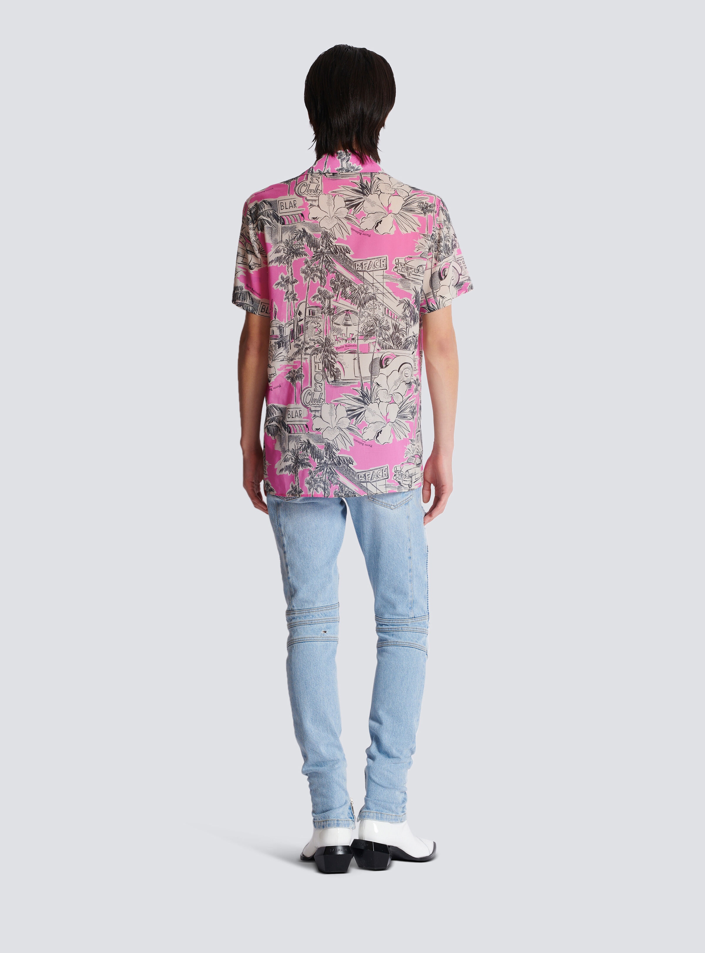 Short-sleeved silk pyjama shirt with Miami print - 4