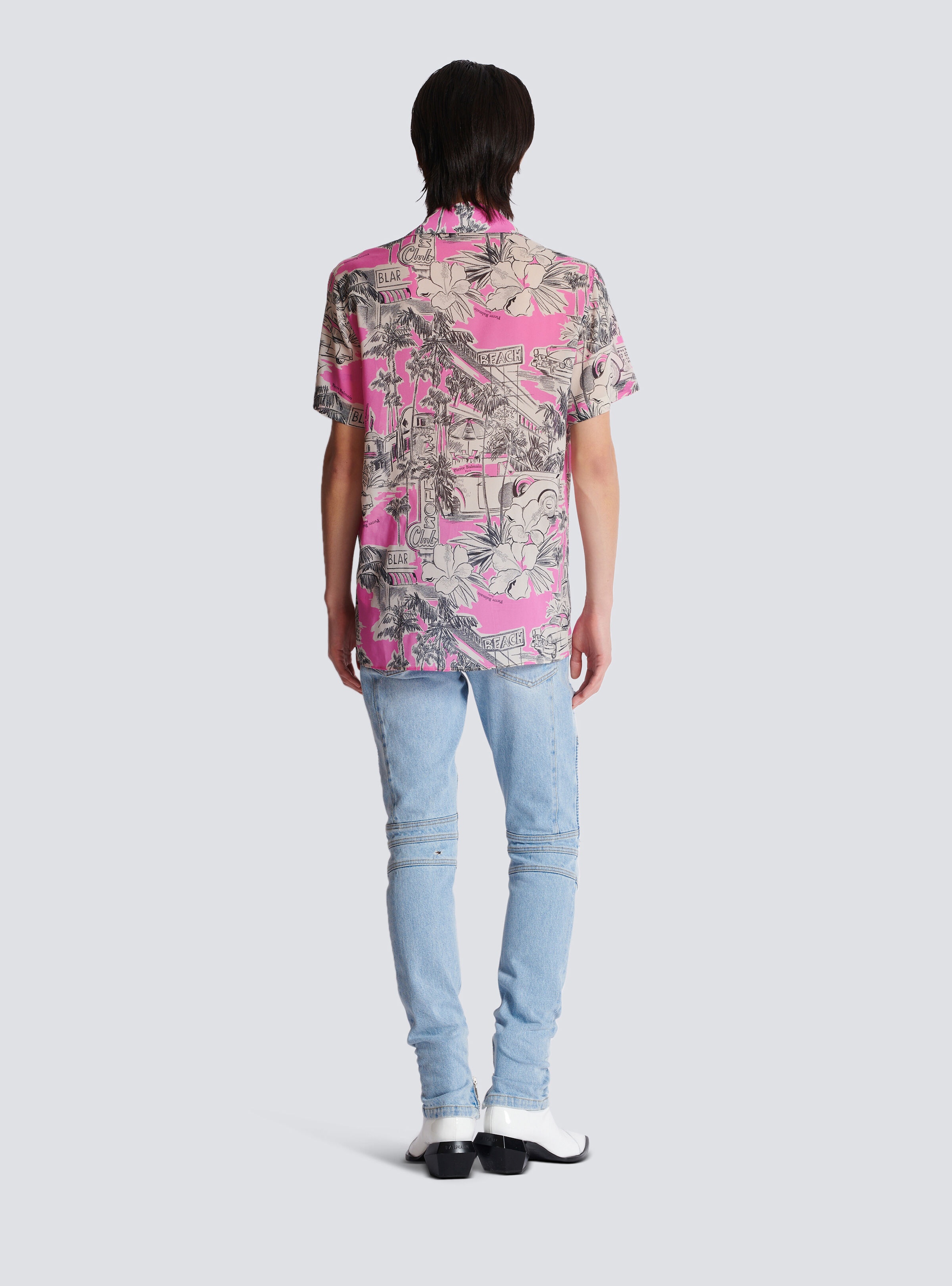 Short-sleeved silk pyjama shirt with Miami print - 4