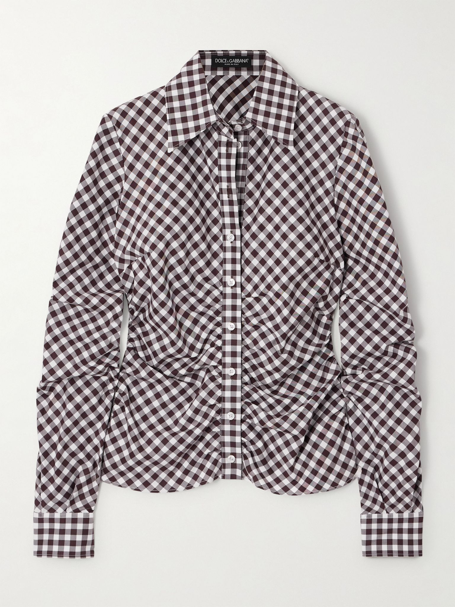 Ruched gingham cotton shirt Brown - 1