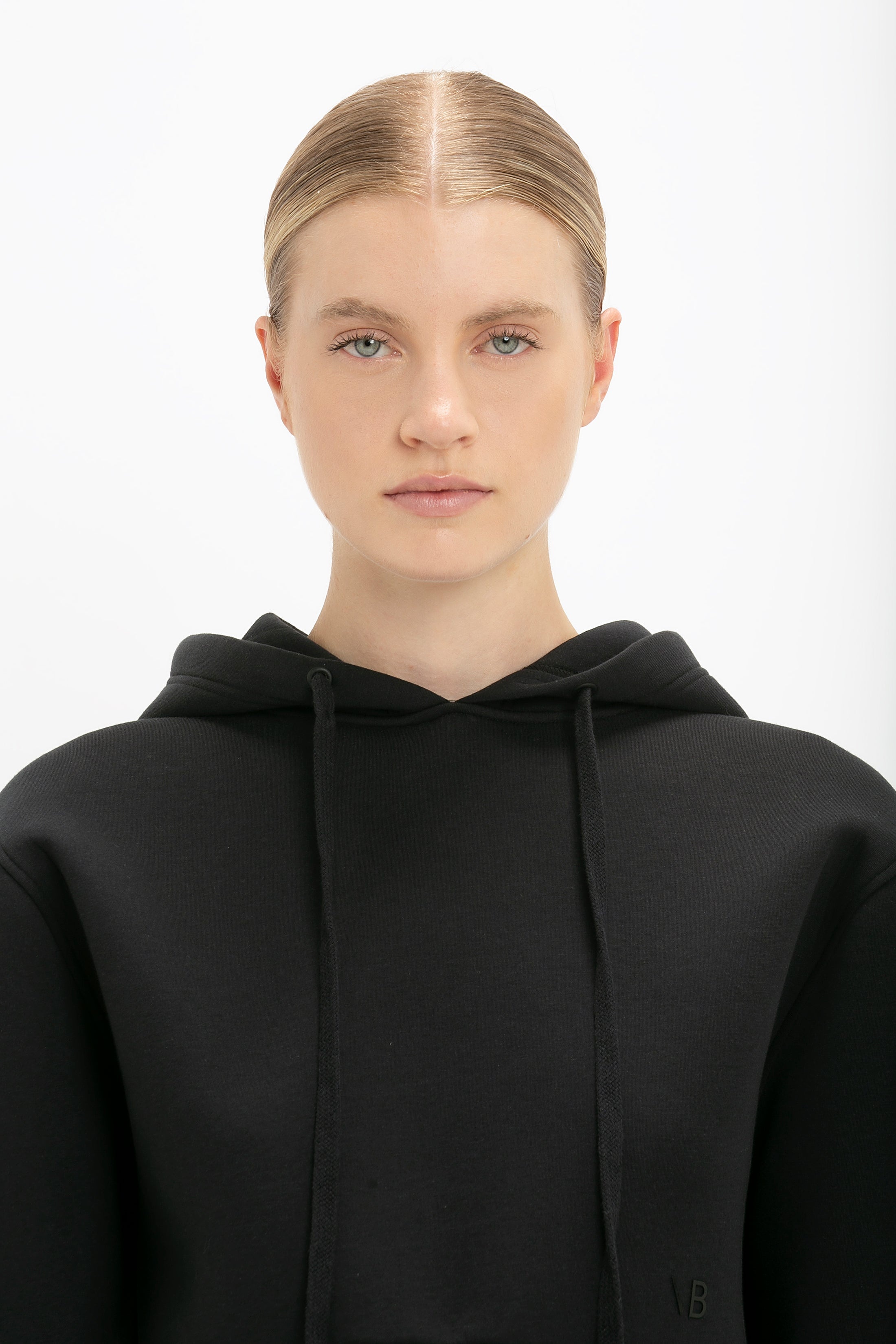 Cropped Neoprene Hoodie In Black - 5