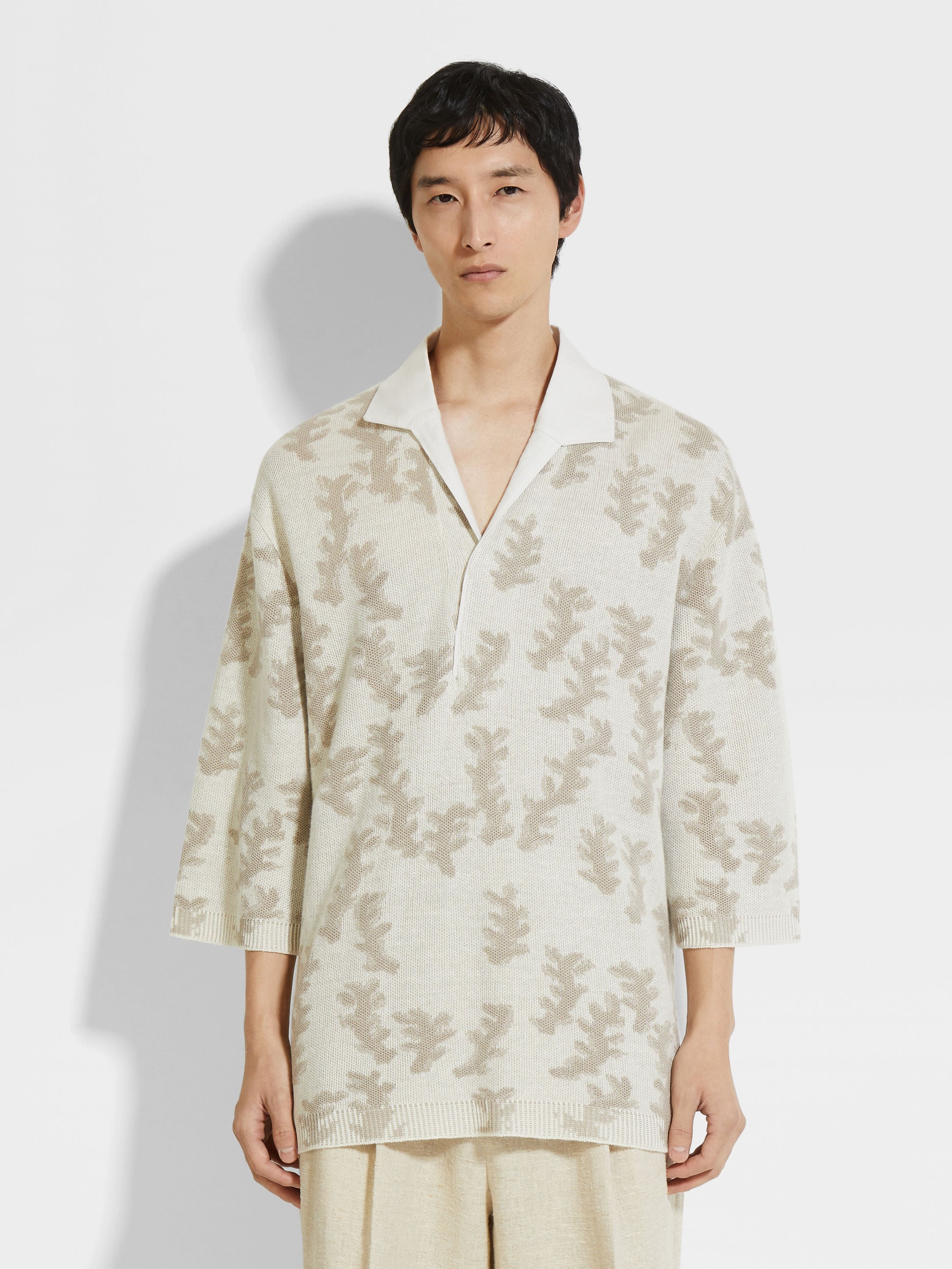 WHITE AND LIGHT BEIGE OASI LINO POLO SHIRT - 4
