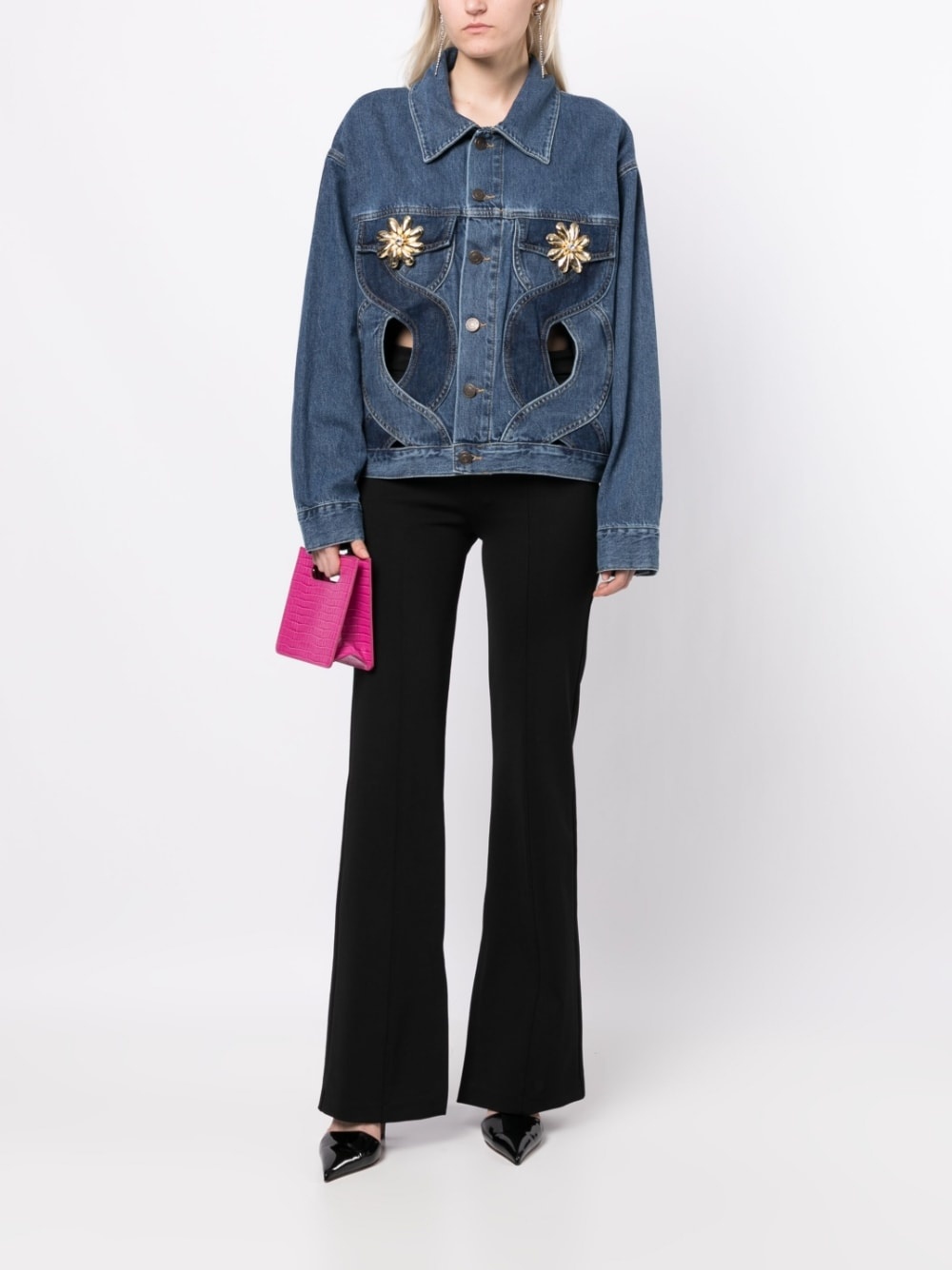 shell-embellished cut-out denim jacket - 2