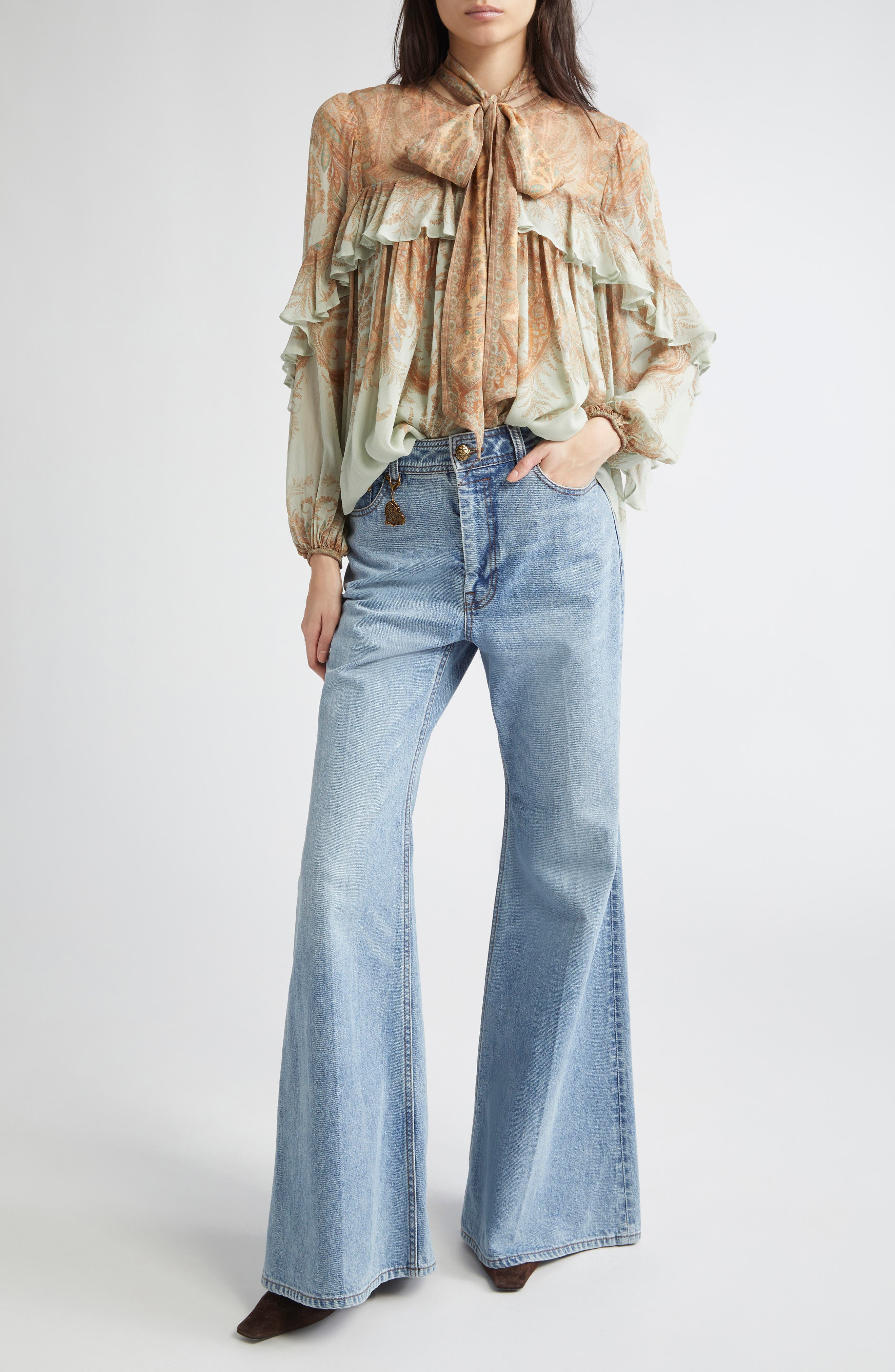 Zimmermann Memento Flutter Paisley Pussy Bow Top in Mint Paisley at Nordstrom - 2