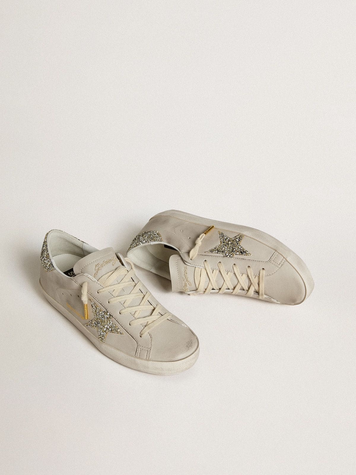 Women's Super-Star LTD in ivory nappa leather with platinum glitter star and heel tab - 2