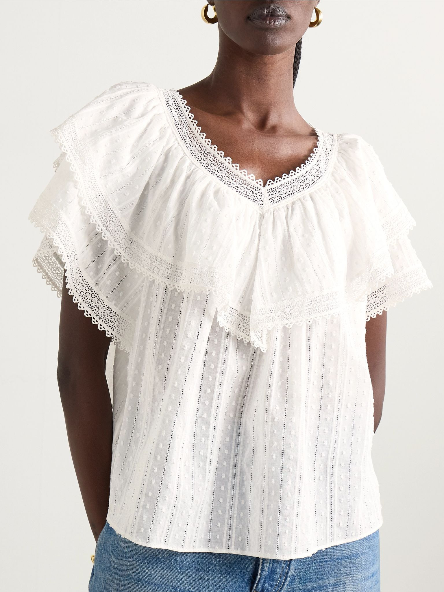 Cosenza ruffled crochet-trimmed fil coupé cotton-voile blouse White - 3