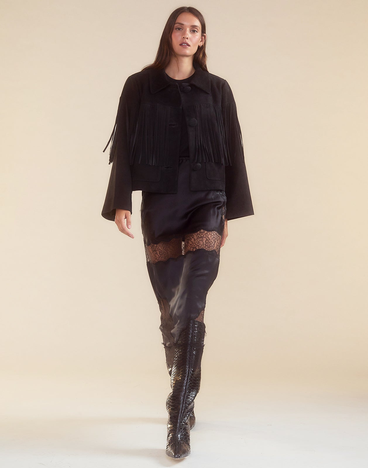 Carrie Cropped Fringe Suede Jacket - 8