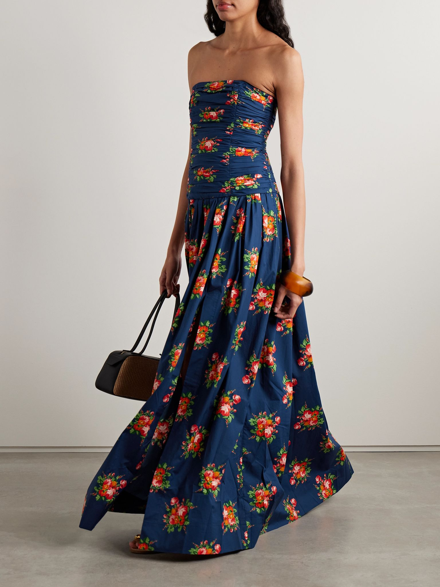 Montreal strapless pleated floral-print cotton-poplin maxi dress Navy - 2