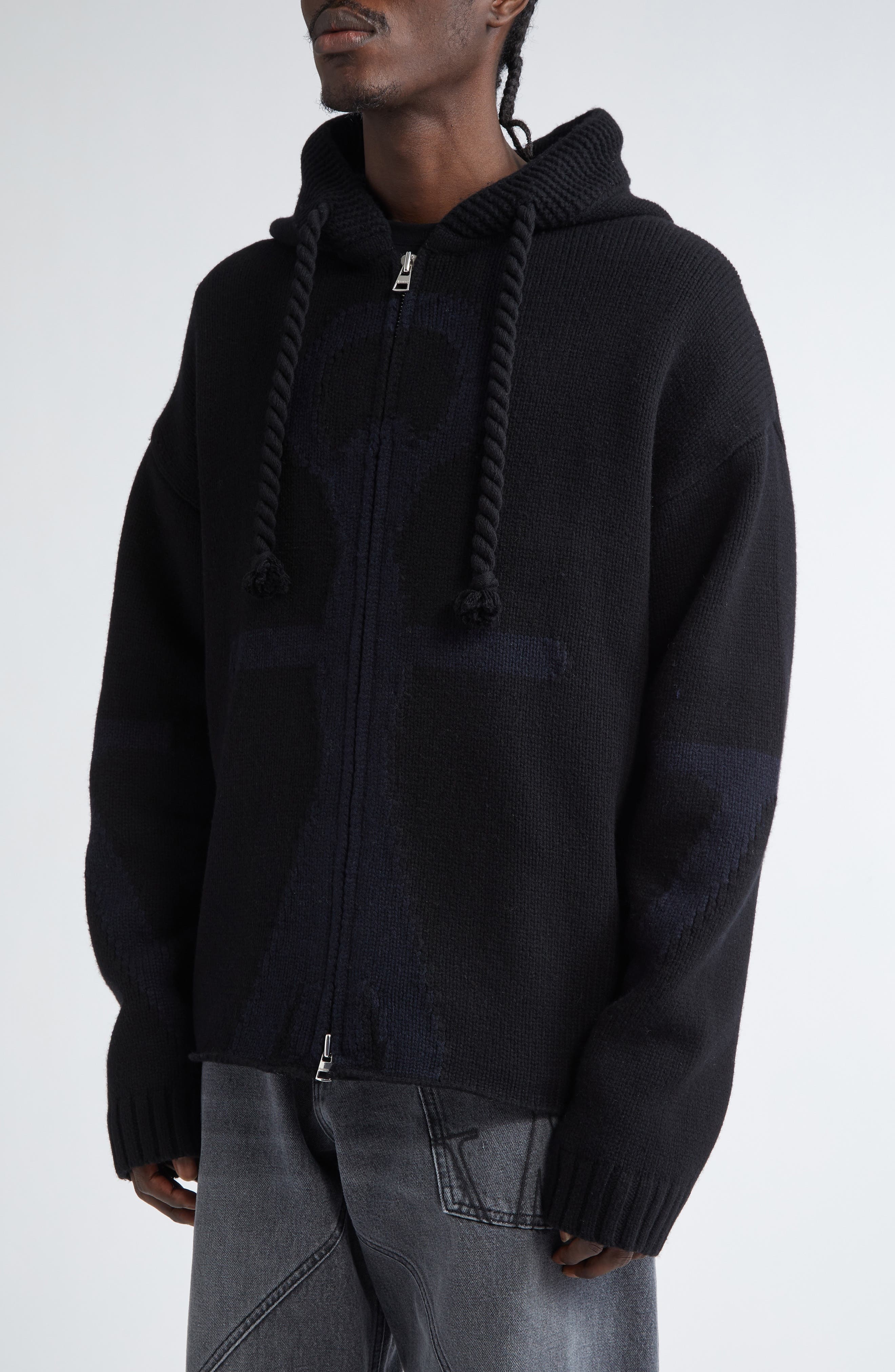 JW Anderson Anchor Intarsia Hooded Merino Wool Zip Sweater in Black/Navy at Nordstrom - 5