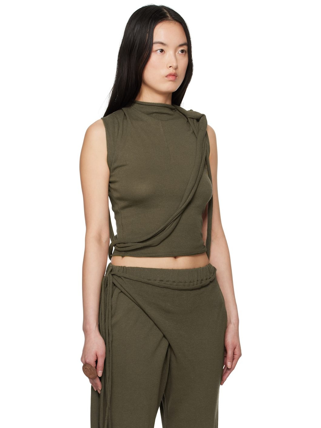 Khaki Deconstructed Linen Tank Top - 2