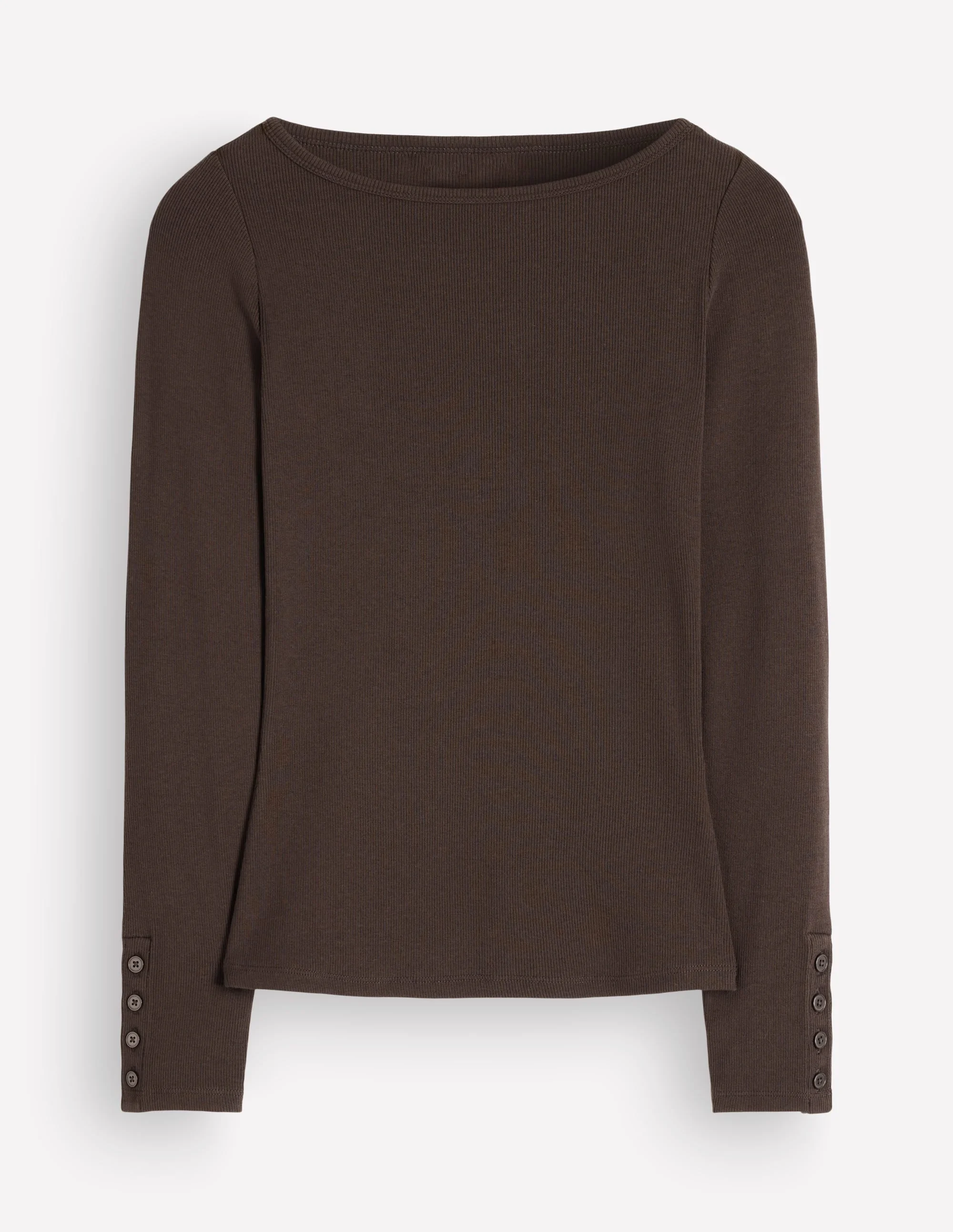 Button Cuff Ribbed Boatneck-Bitter Chocolate - 1