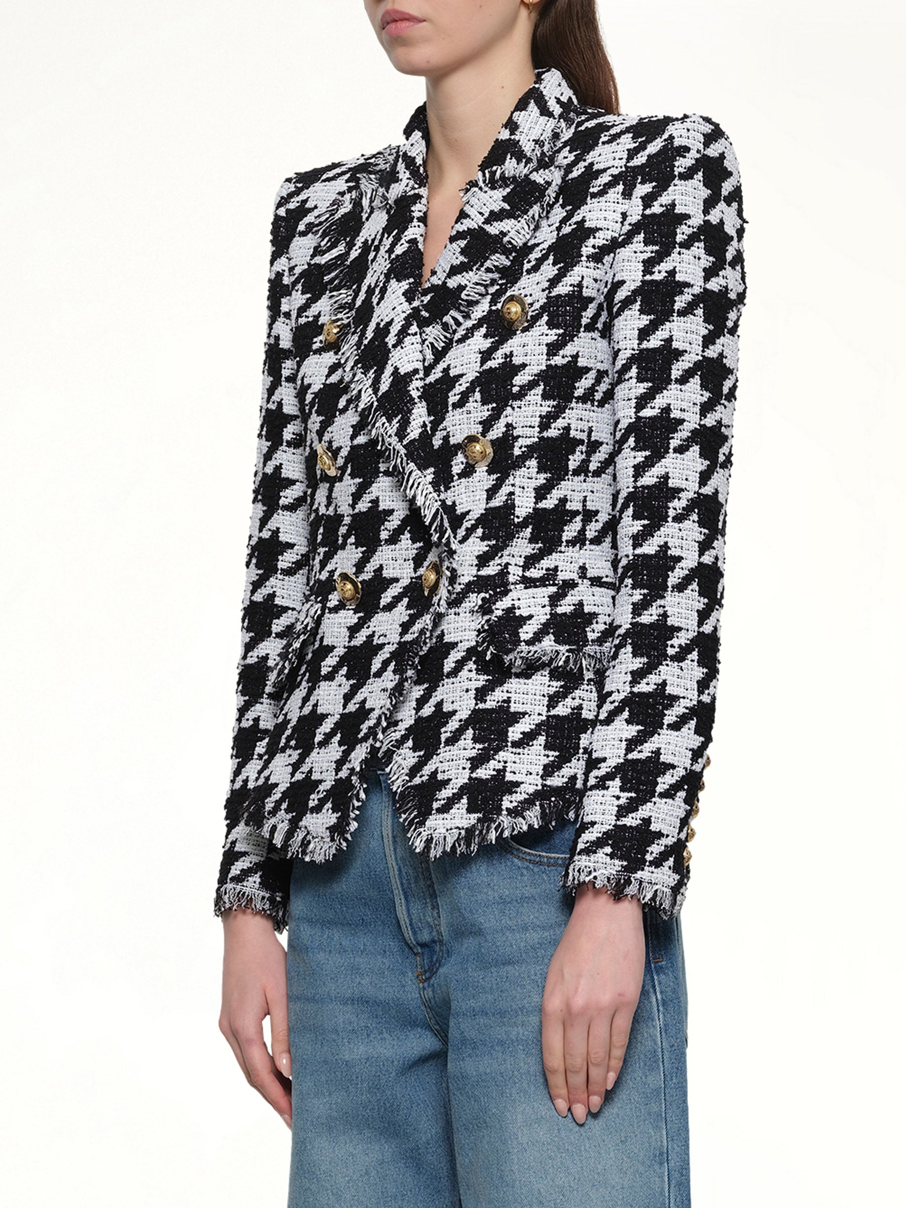 6 Buttons Fitted Tweed Jacket in White/Black - 3