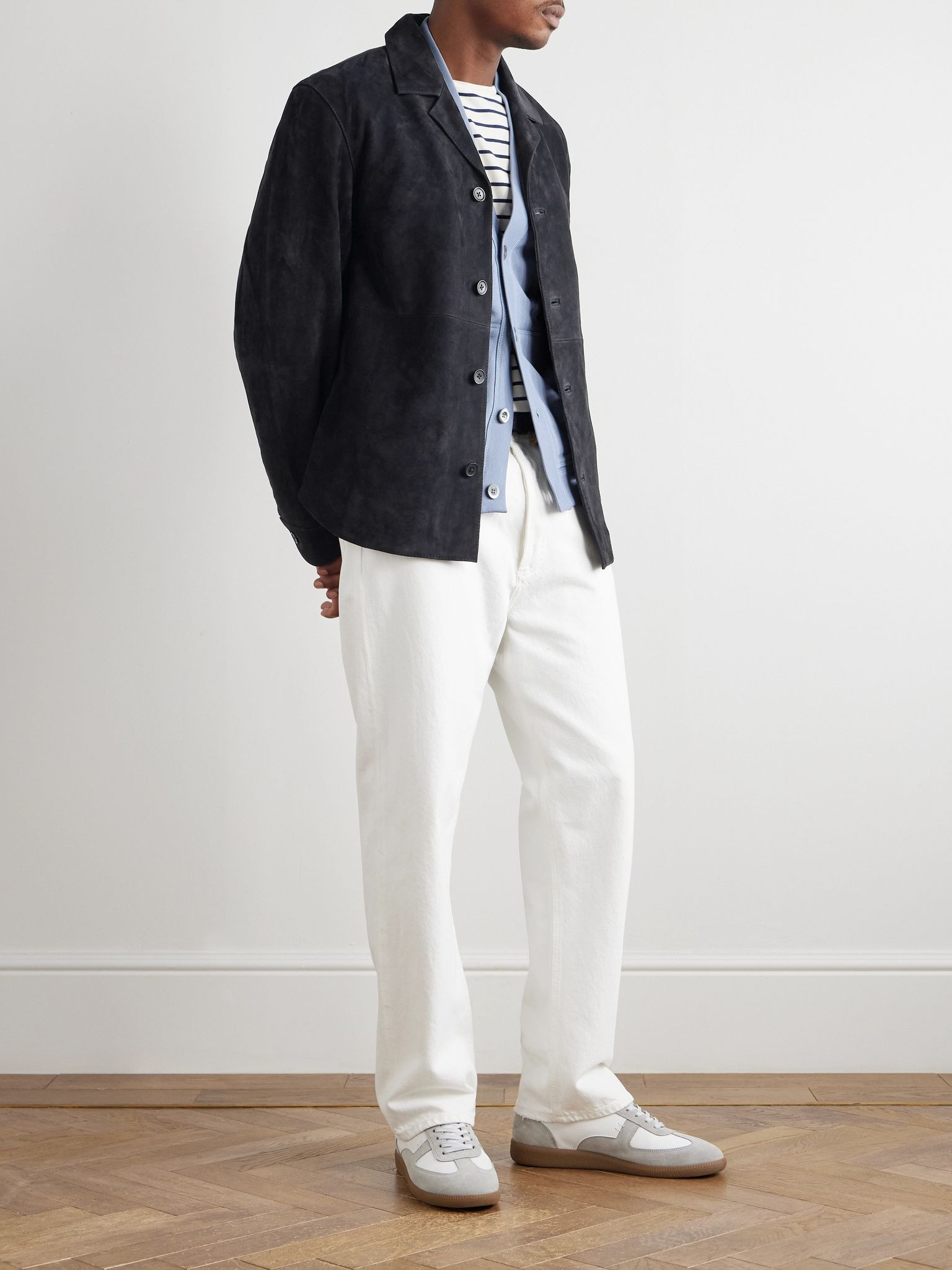 Julien Camp-Collar Suede Overshirt Navy - 2