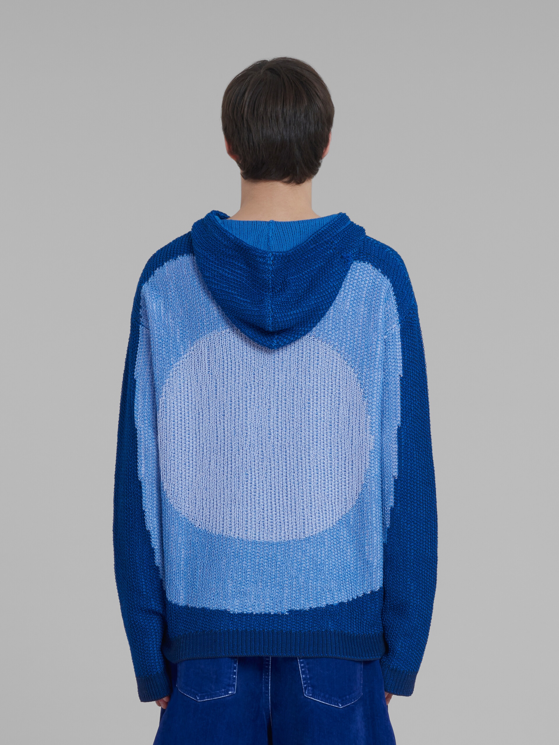 BLUE KNITTED COTTON HOODIE WITH CIRCLE INLAY - 3