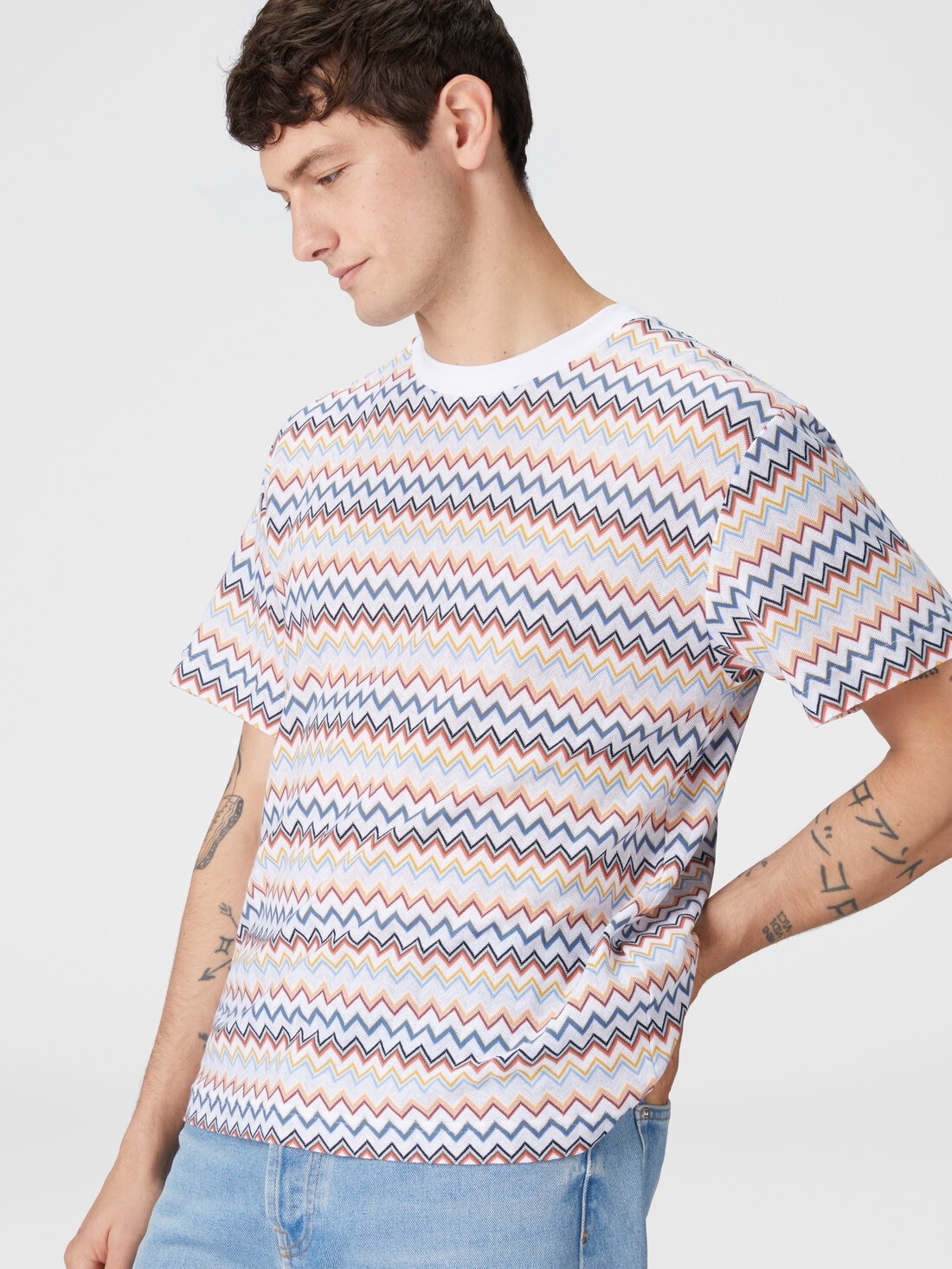 Zig zag cotton crewneck T-shirt with contrasting collar - 4