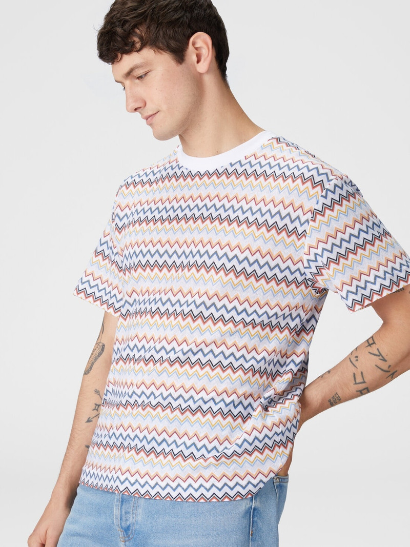 Zig zag cotton crewneck T-shirt with contrasting collar 4