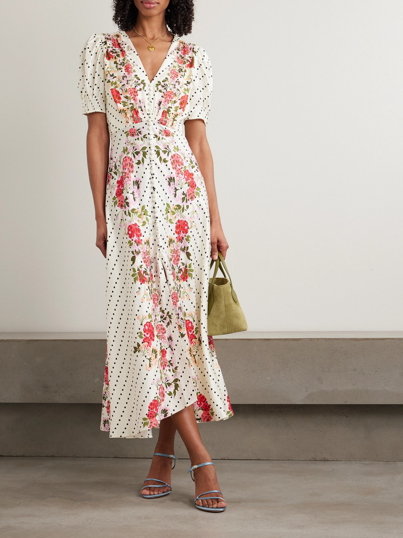 SALONI Lea Polka-dot Floral-print Silk-jacquard Midi Dress outlook