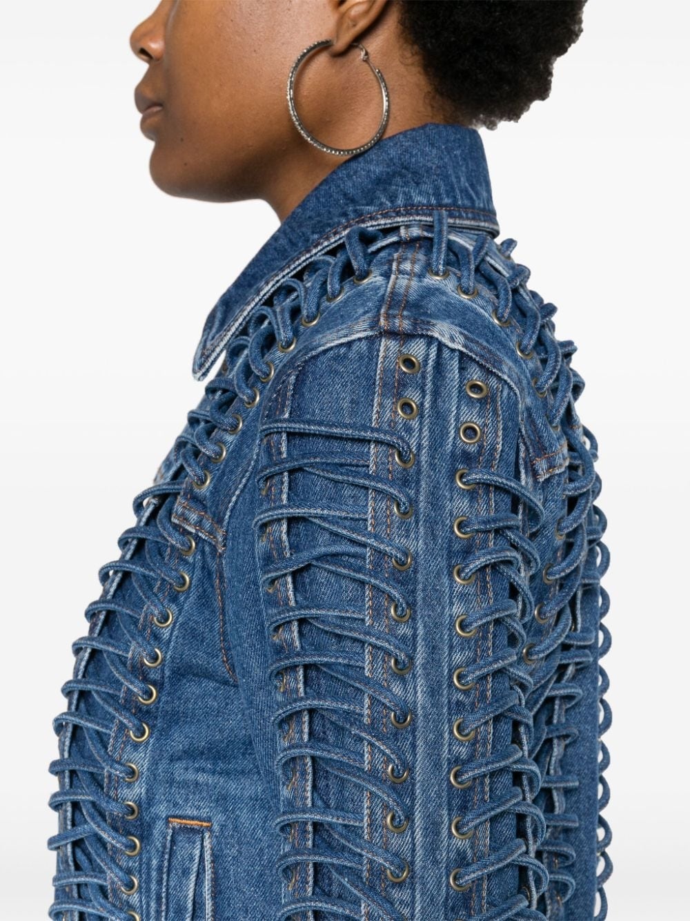 lace up-embellished denim jacket - 5