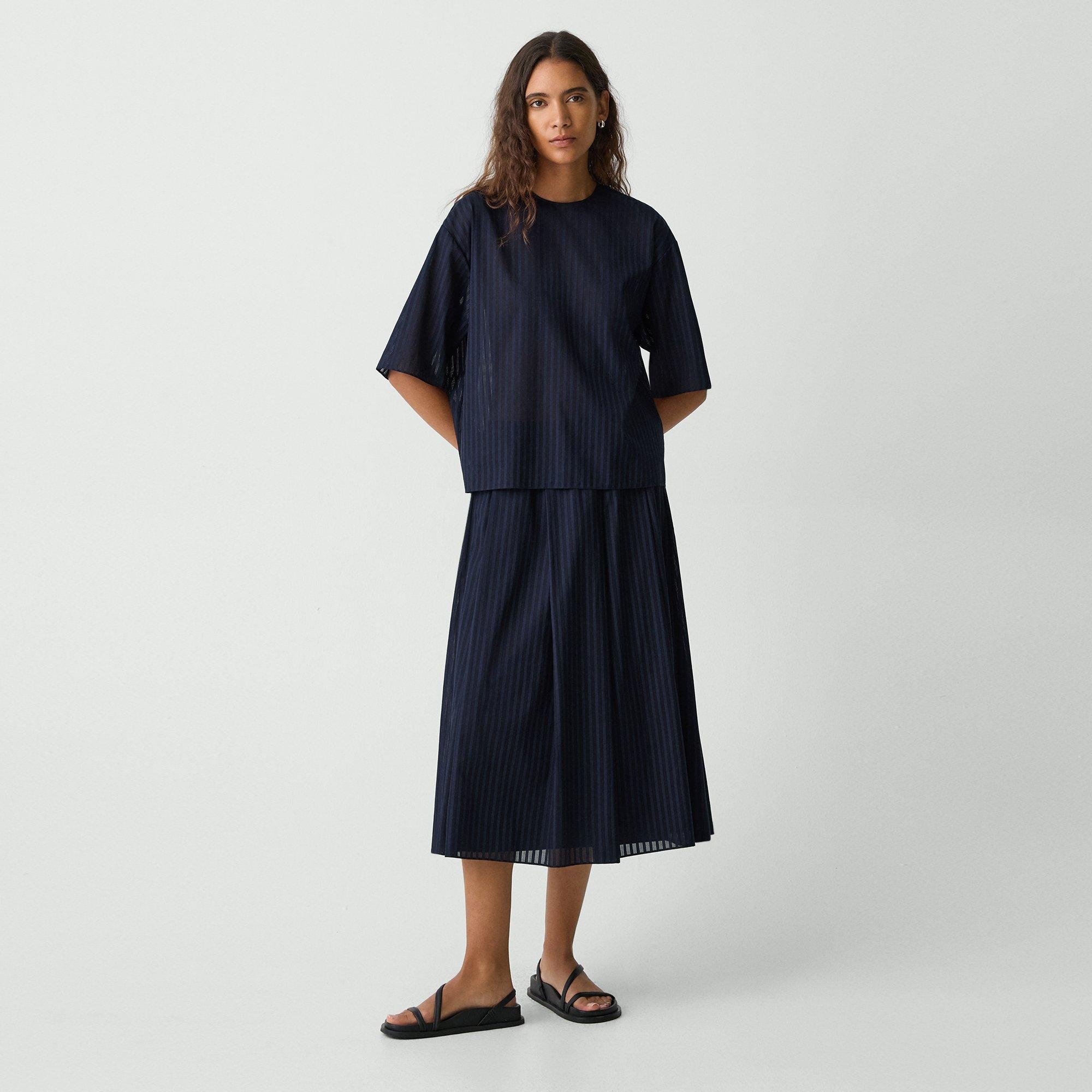 Pleated A-Line Skirt in Linear Cotton - 2