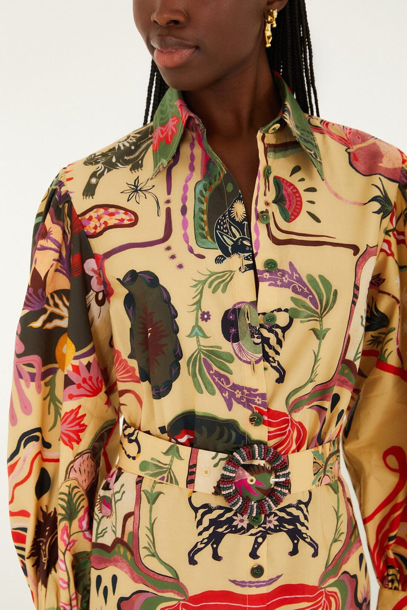 FARM RIO Beige Artsy Surreal Land Beaded Belt Organic Cotton Mini Dress outlook