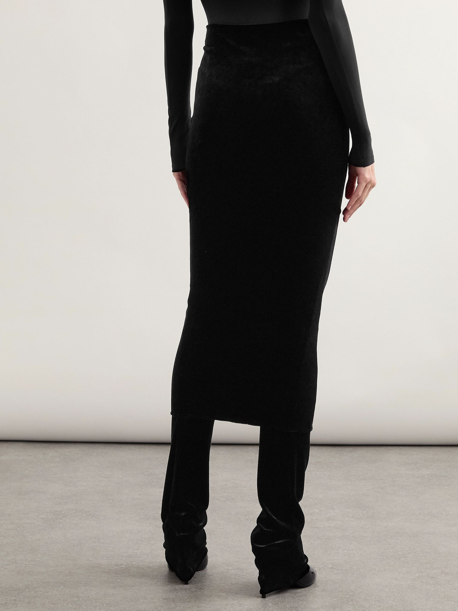Layered stretch-velvet straight-leg pants Black - 4