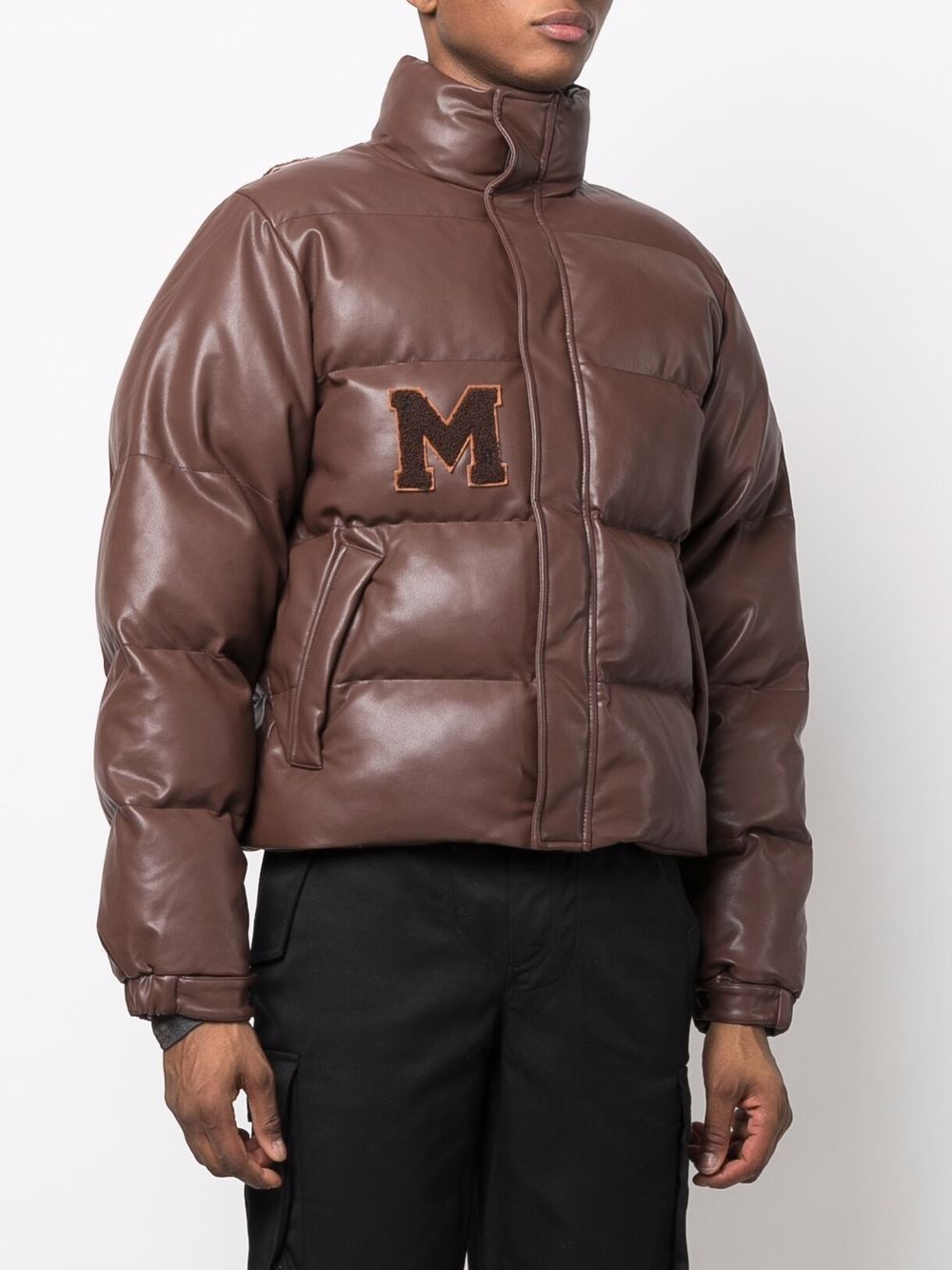 logo-patch faux-leather puffer coat - 4