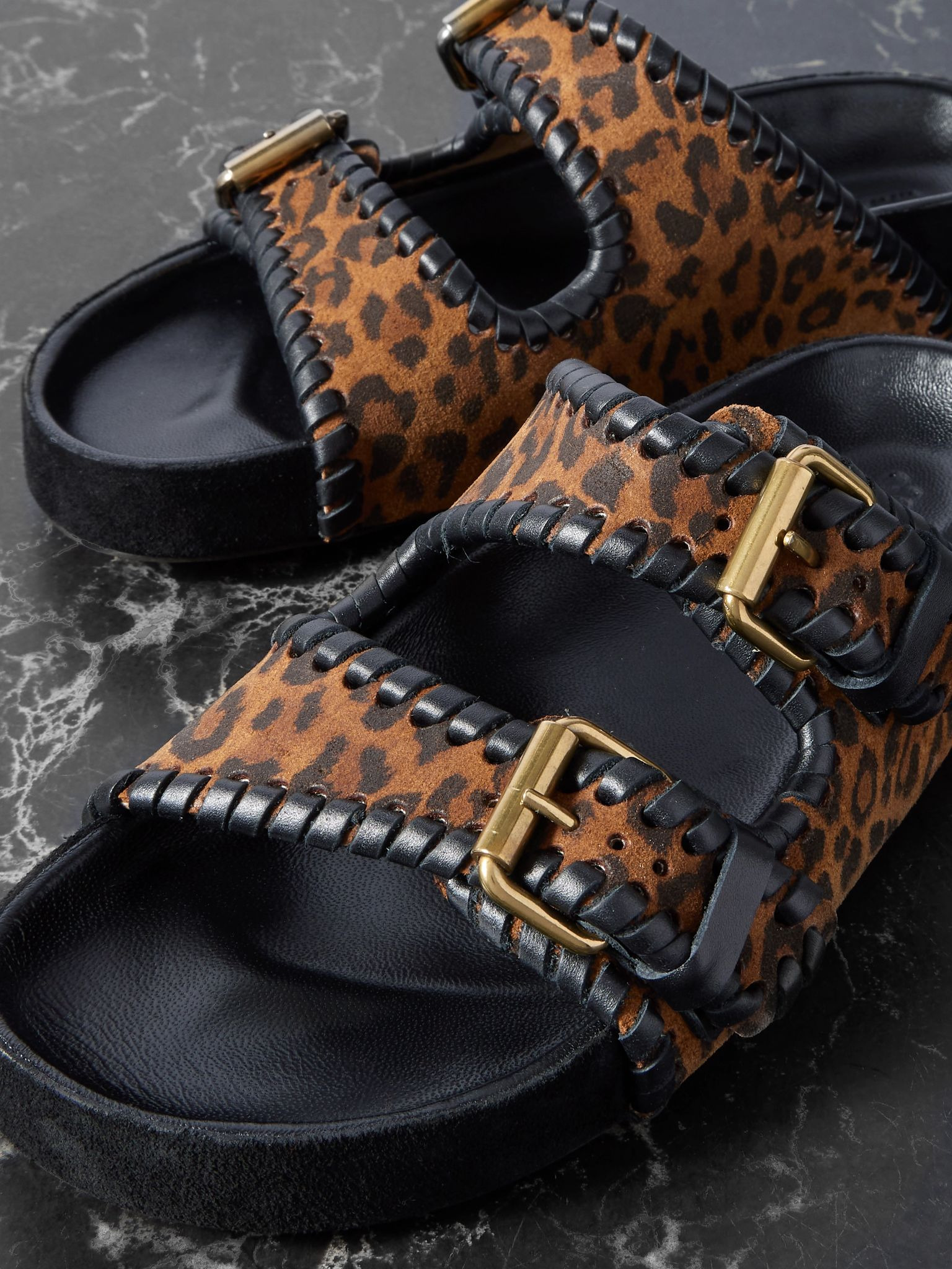 Lennyo leather-trimmed leopard-print suede slides Leopard print - 4