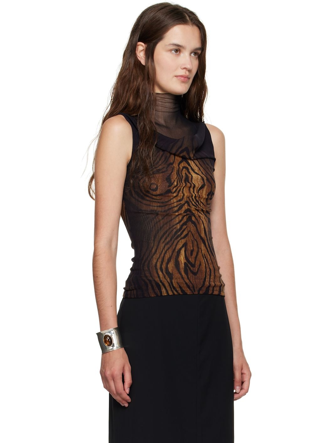 Black & Brown Double Layered Printed Wood Tank Top - 2