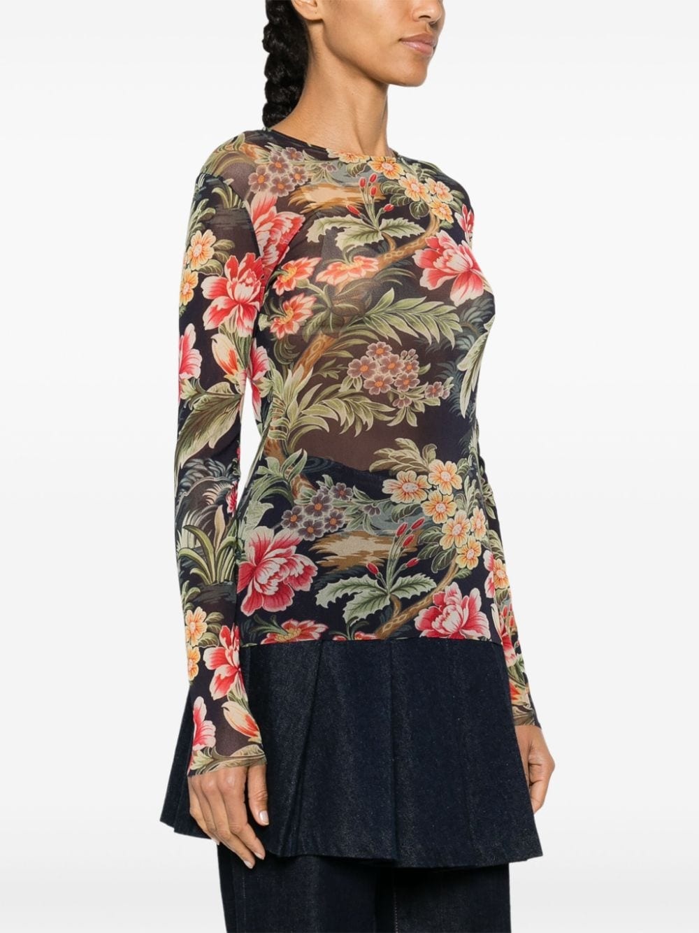 floral-print semi-sheer top - 3