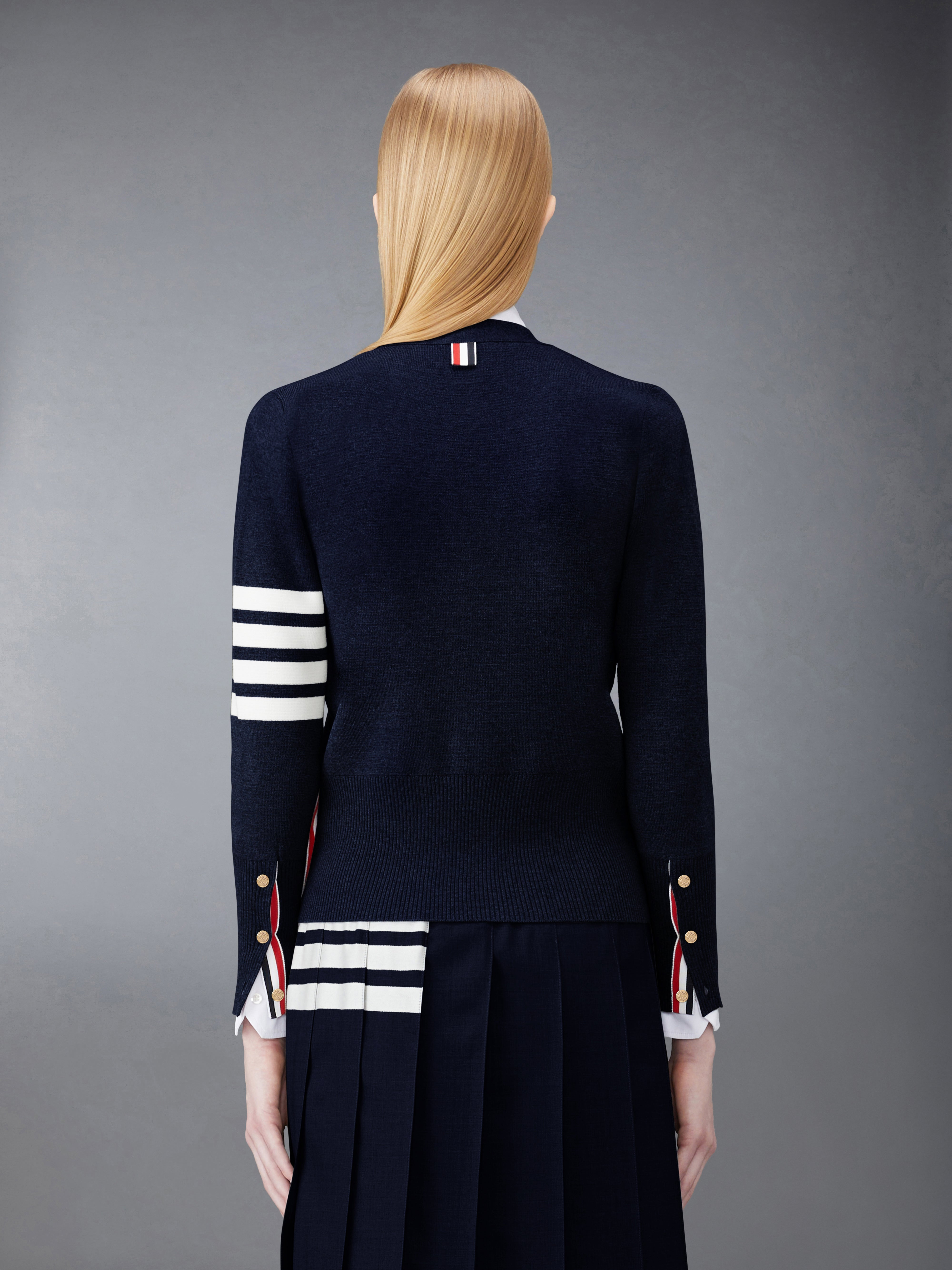 Navy Milano Stitch Fine Merino Wool 4-bar Classic V-neck Cardigan - 2