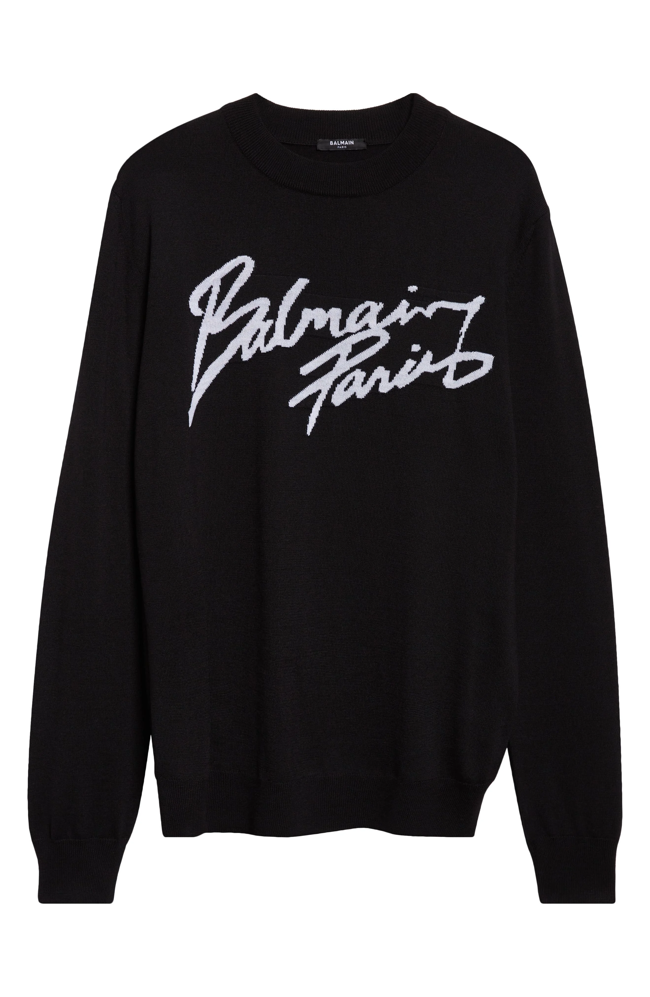 Balmain Paris Logo Intarsia Merino Wool Blend Sweater in Black/White at Nordstrom - 1