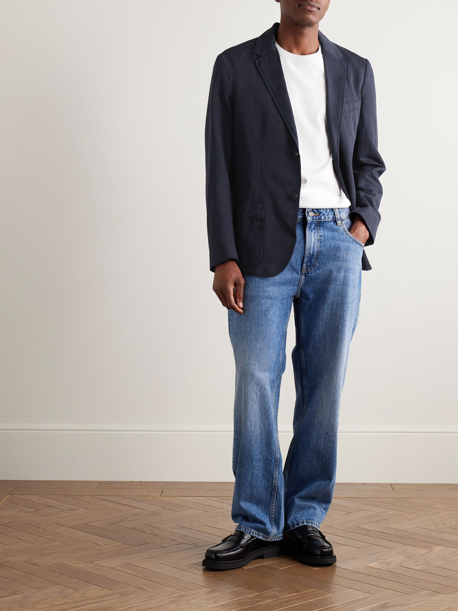 Unstructured Garment-Dyed Cotton and Linen-Blend Twill Blazer Navy - 2