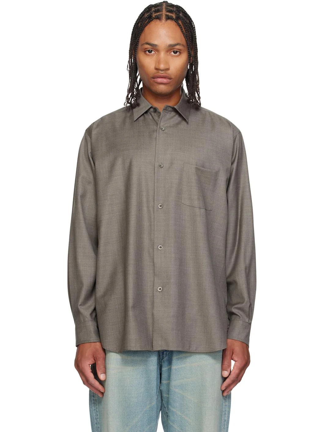 Taupe Extra Fine Wool Oversized Regular Collar Shirt - 1