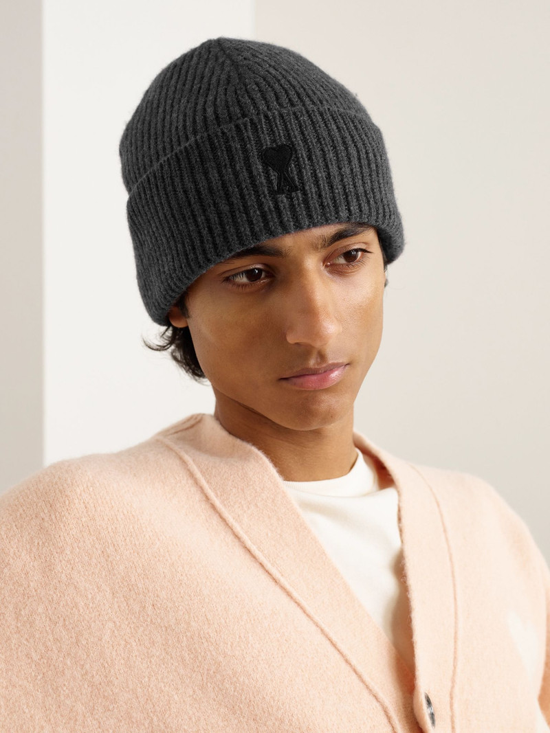 AMI Paris Logo-Appliquéd Ribbed Virgin Wool Beanie Gray outlook