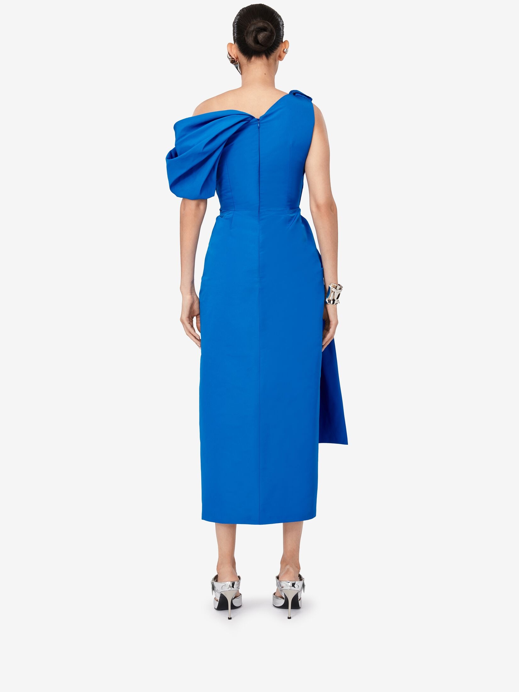Women's Knotted Asymmetric Pencil Dress in Lapis Blue - 4