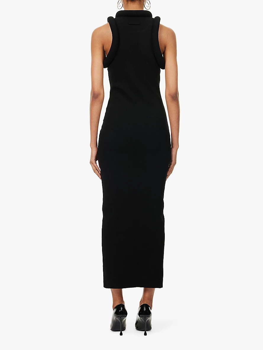 Chain-embellished padded-trim knitted maxi dress - 4