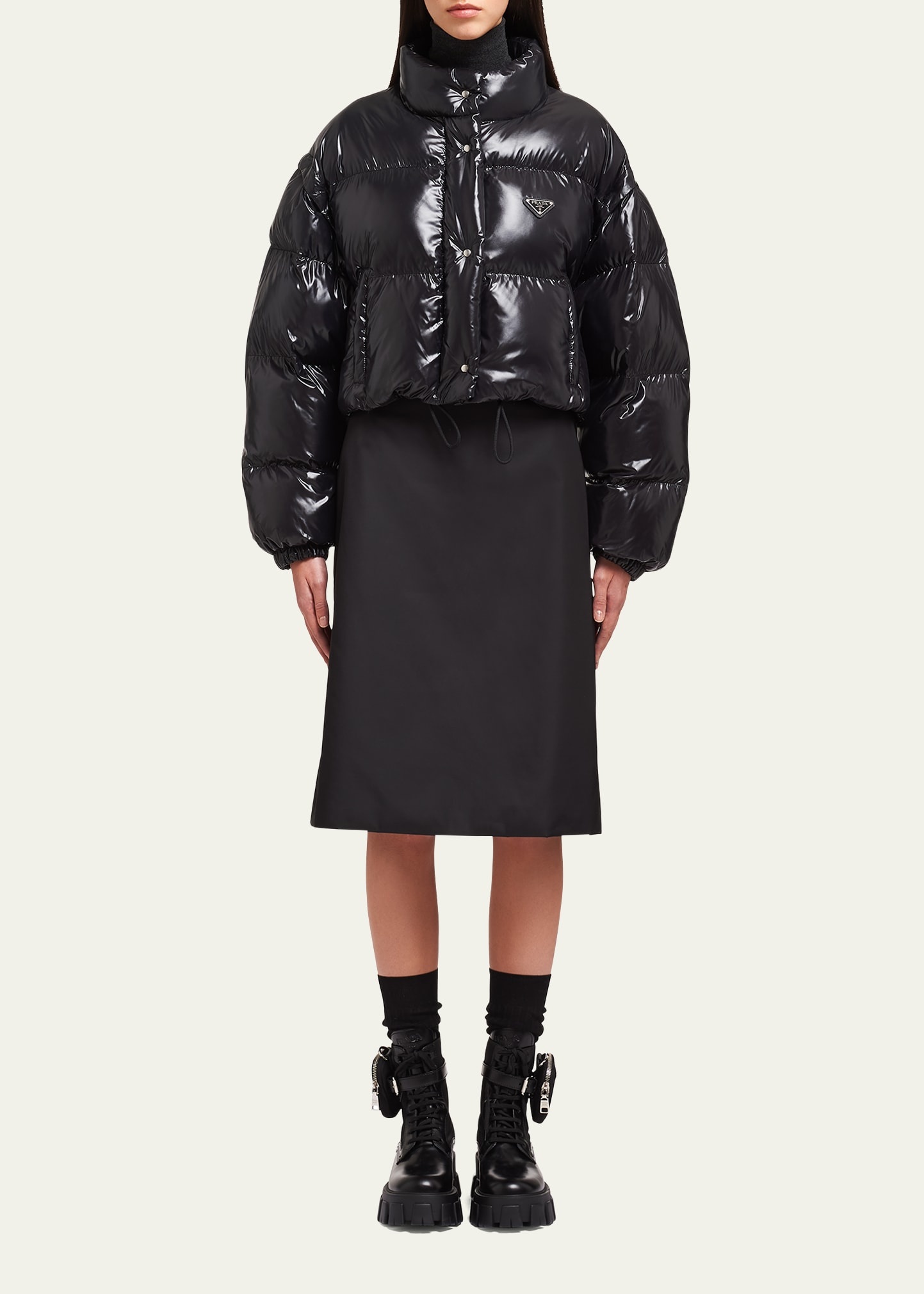 Crop Drawstring Nylon Down Jacket - 2